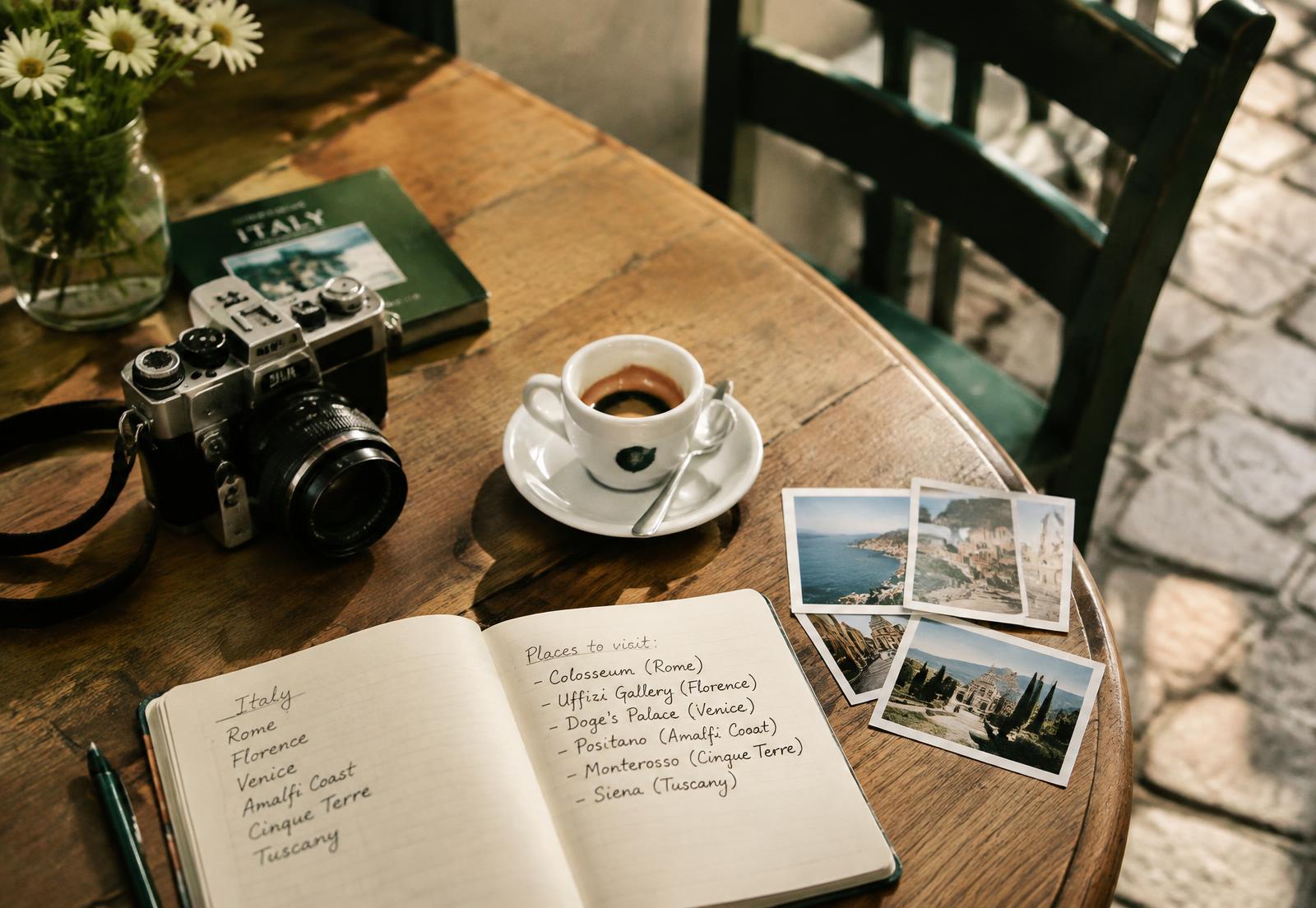 A café table with a camera, espresso and a travel notebook